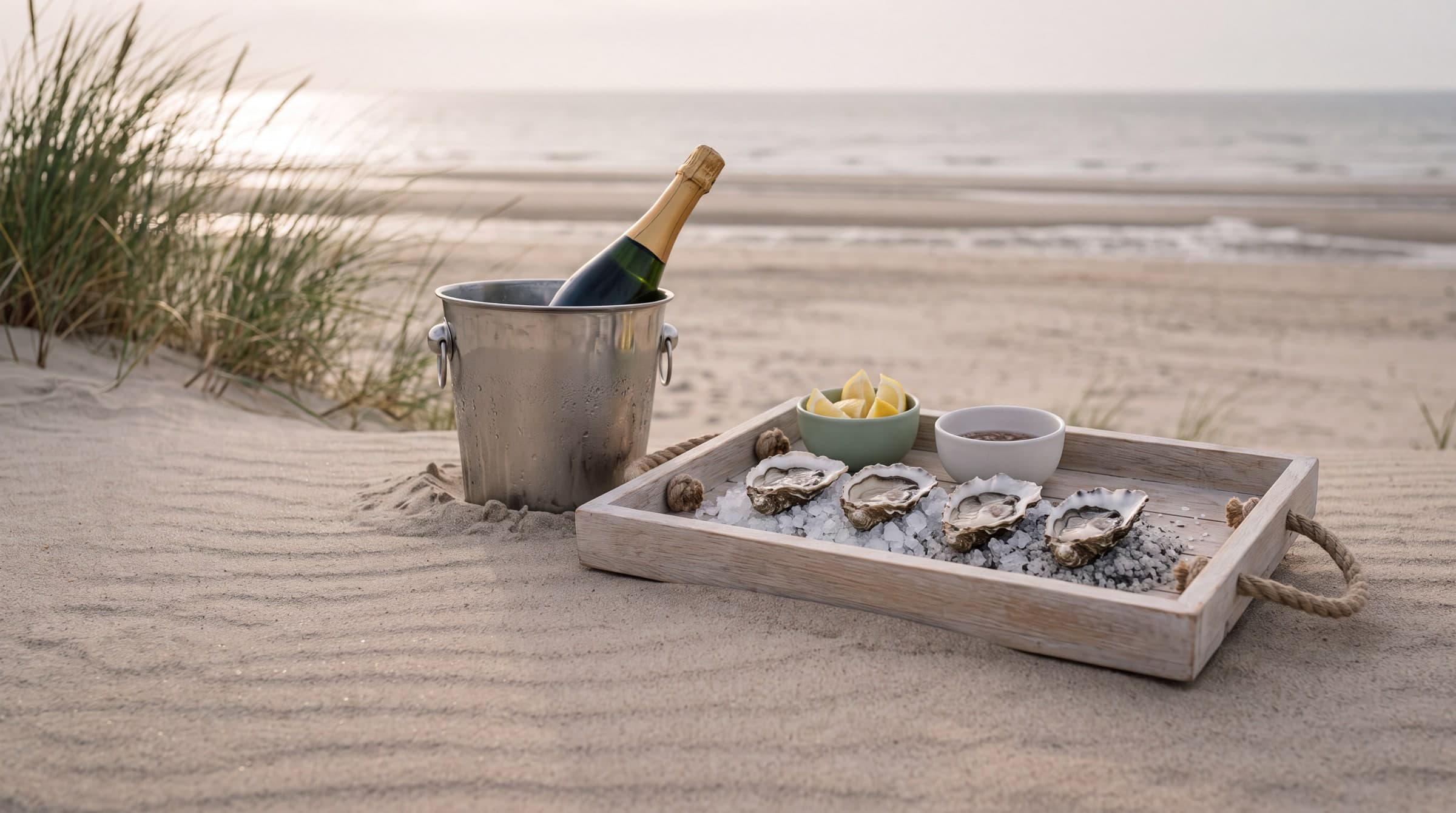 Stimmungsbild vom Nordseestrand: ein Holztablett mit vier Austern und Zitrone im Sand, daneben eine Flasche Champagner im Kühler, links Dünengras, im Hintergrund die Nordsee